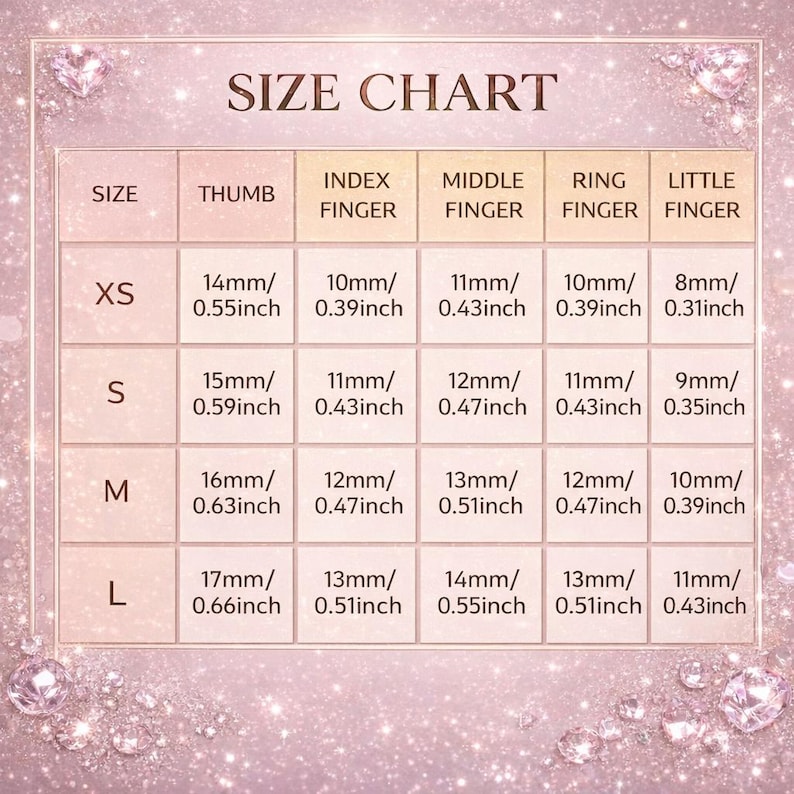 May include: A size chart for nail sizes, with measurements in millimeters and inches. The chart includes sizes XS, S, M, and L, with corresponding measurements for thumb, index, middle, ring, and little fingers.
