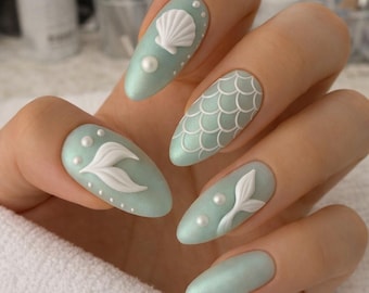 Sage Green Ocean Press On Nails Mermaid Scale Design Almond Shape Glossy Beach Summer Vacation Nails Fake Nails Reusable Set Gift