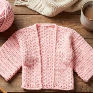 May include: A light pink, open-front crochet cardigan with three-quarter sleeves. A ball of matching yarn and two crochet hooks are next to the cardigan. A mug of coffee and a cream-colored scarf are in the background.
