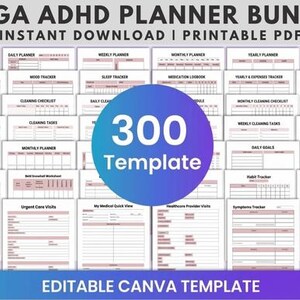 May include: A digital planner bundle with 300 templates for ADHD, including study, daily, weekly, and monthly planners. The image features a variety of printable PDF templates with pink and white designs, and the text "MEGA ADHD PLANNER BUNDLE" is at the top.