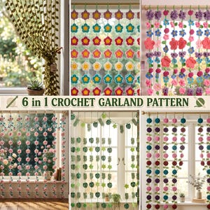 May include: A collection of crochet garland patterns, including floral and leaf designs. The garlands are displayed as window curtains, showcasing various color schemes and patterns. The text "6 in 1 CROCHET GARLAND PATTERN" is visible.