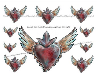 Collage Sheet Heart, Milagro Heart Printable, Corazon, Mexican Clip Art, Religious Collage Sheet, Sacred Heart Download,  Catholic Download