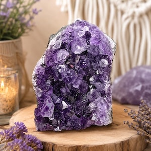 Könnte beinhalten: Eine große, rohe Amethyst-Kristallstufe mit tiefvioletten, facettierten Spitzen und einer zerklüfteten, natürlichen Gesteinsbasis. Das Exemplar zeigt einen leuchtenden violetten Farbton mit durchscheinenden Kristallstrukturen, die das Licht einfangen und eine dichte, unregelmäßige Formation aus Quarzkristallen bilden.