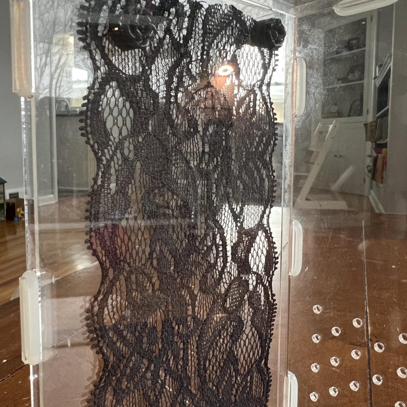 Op de afbeelding: Een heldere acryl doos met een zwart kanten paneel aan de binnenkant. Het kant heeft een gedetailleerd bloemenpatroon. De doos heeft een kleine zwarte roos bovenop en doorzichtige plastic handgrepen. De doos staat op een houten oppervlak.