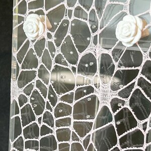 May include: A clear acrylic display stand featuring a pale pink, web-like lace overlay. Two white, three-dimensional rose-shaped embellishments are attached to the upper portion of the lace, which is secured against the transparent surface.