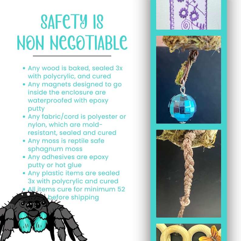 Op de afbeelding: De afbeelding toont de tekst "SAFETY IS NON NEGOTIABLE" in teal en wit. Opsommingstekens beschrijven veiligheidsmaatregelen, waaronder houtafdichting, waterdichte magneten, schimmelbestendige stoffen, reptielveilig mos en epoxy lijm. Een blauwe discobal is ook afgebeeld.