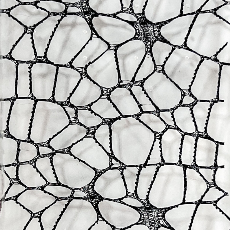 May include: A black lace fabric featuring an irregular, web-like pattern of interconnected threads. The design consists of varied geometric shapes and open spaces, creating a textured, net-like appearance across the entire surface of the material.