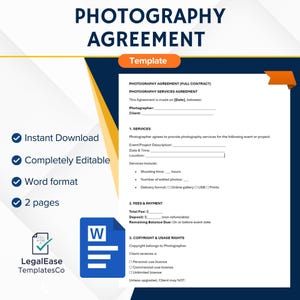 May include: A photography agreement template with the title "PHOTOGRAPHY AGREEMENT" in large, bold, blue text. The document includes sections for services, fees, and copyright. Features include instant download, editable format, and a word format.
