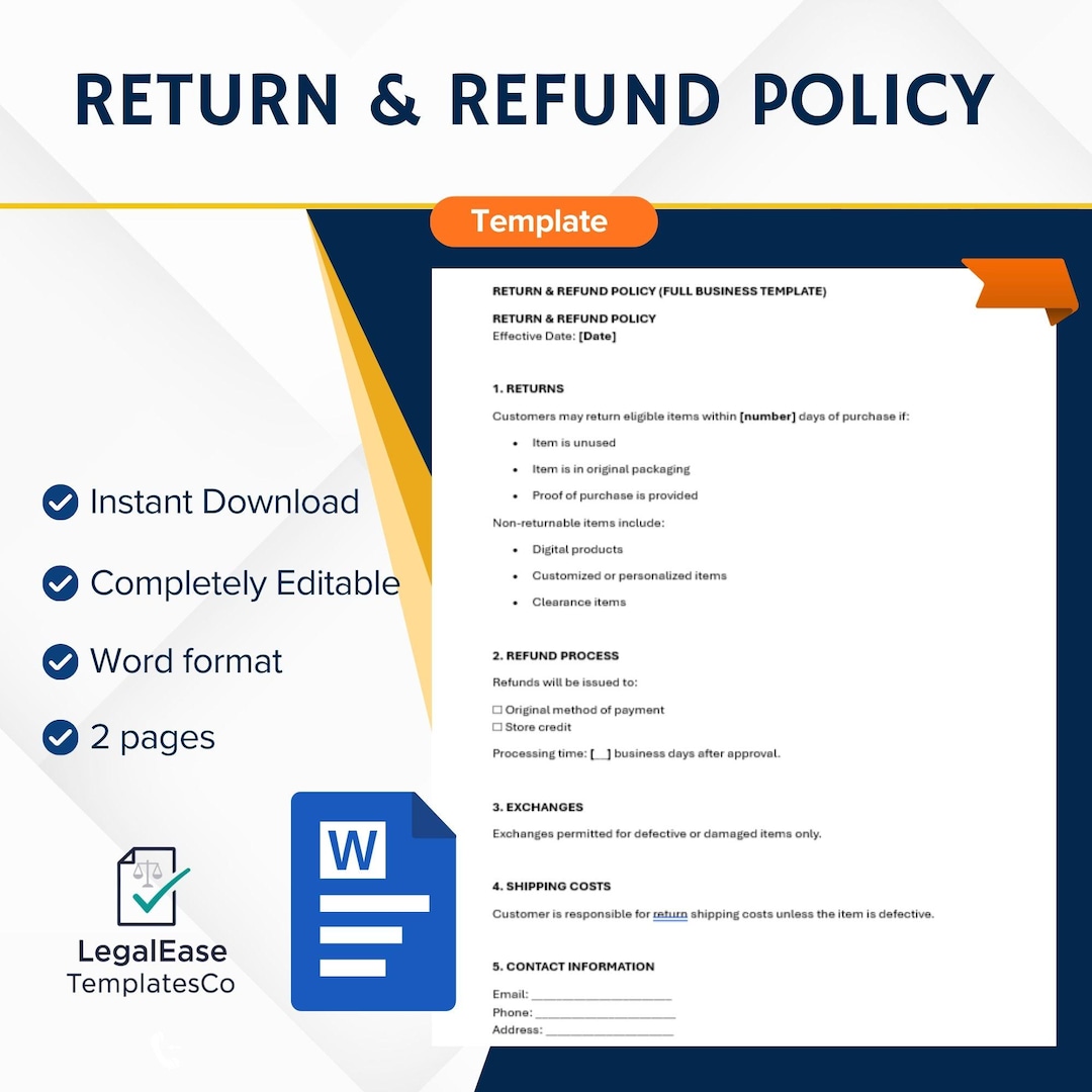 Return and Refund Policy Template – Editable Word Document for E ...