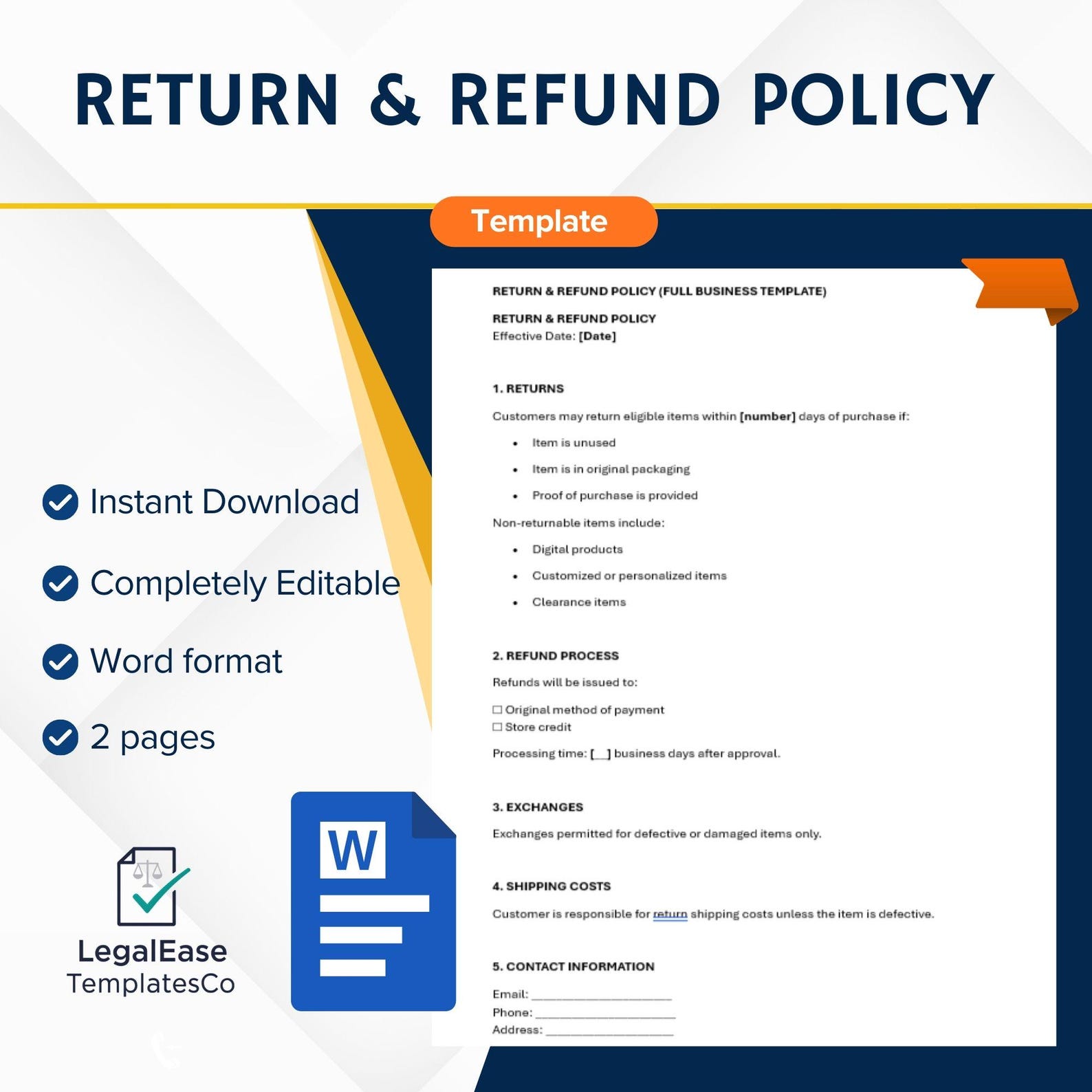 Return and Refund Policy Template – Editable Word Document for E ...