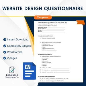 May include: A website design questionnaire template with the title "WEBSITE DESIGN QUESTIONNAIRE" in a blue and white design. The template includes sections for business information, design preferences, and technical requirements. Features include instant download and editable format.