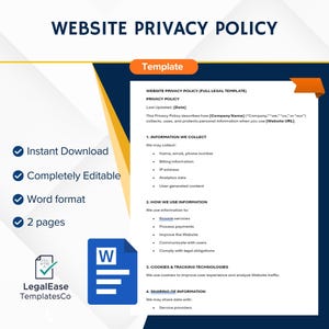 Può includere: Un modello digitale per una Privacy Policy del sito Web, con titoli e punti elenco che descrivono la raccolta, l'uso e la condivisione delle informazioni. Il design presenta uno schema di colori blu e arancione, con il testo "Website Privacy Policy".