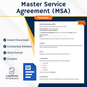 Puede incluir: Plantilla digital para un documento de Acuerdo de Servicio Maestro (MSA). El documento es azul y blanco, con el título en texto grande y en negrita. Incluye descarga instantánea, edición completa y formato Word. El documento tiene 3 páginas.
