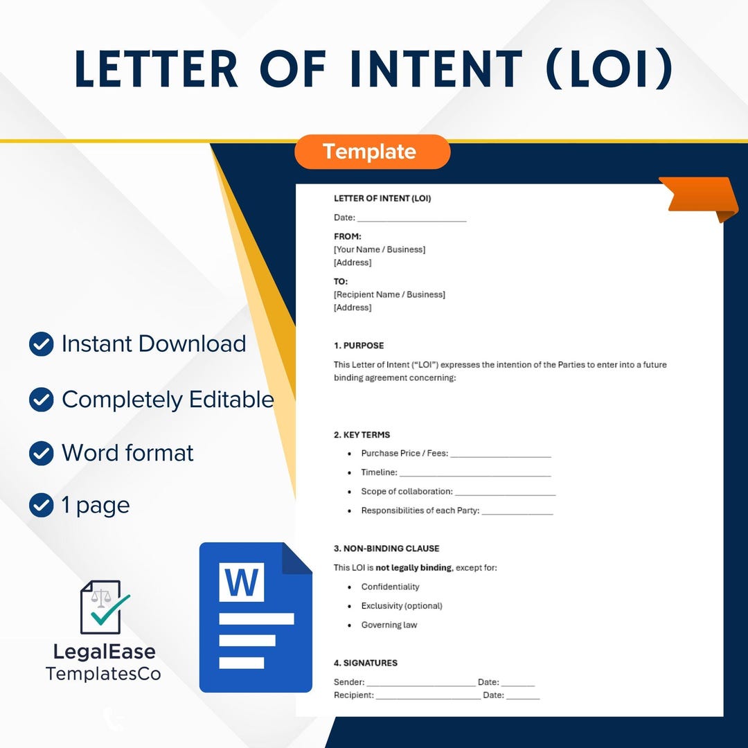 Professional Letter of Intent (LOI) Template – Editable Word Document ...