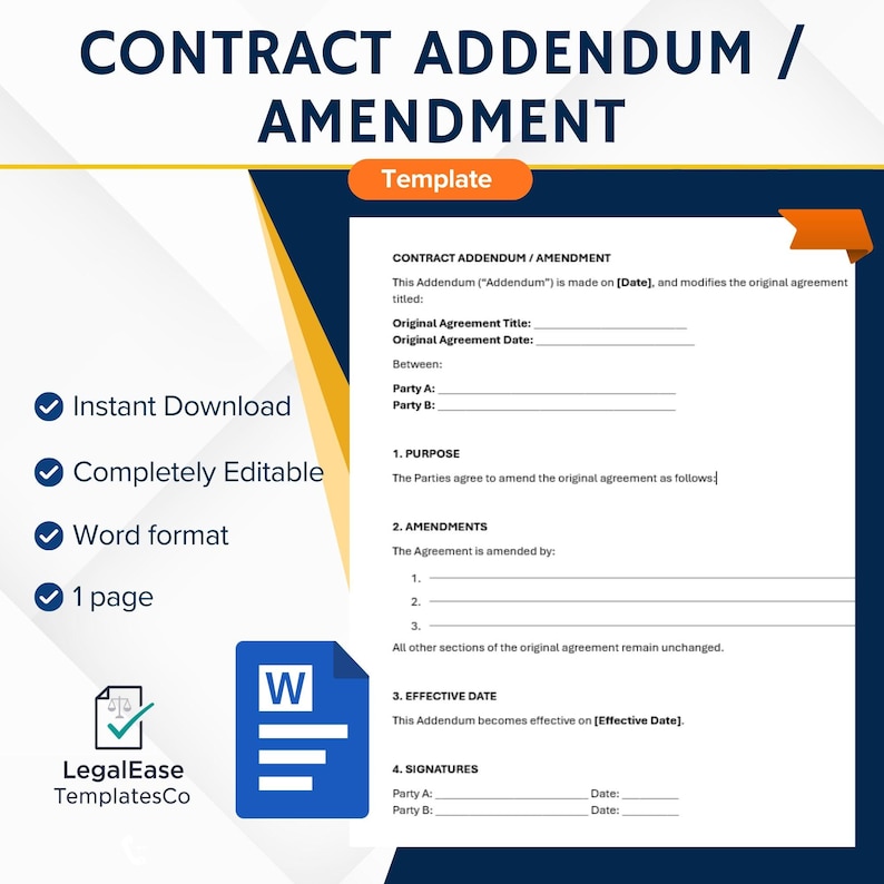 Contract Addendum and Amendment Template – Professional Editable Word ...