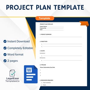 Może przedstawiać: Szablon planu projektu zatytułowany "PROJECT PLAN TEMPLATE". Szablon zawiera sekcje dotyczące przeglądu projektu, celów, zakresu, harmonogramu i zasobów. Funkcje obejmują natychmiastowe pobieranie, pełną edytowalność i format Word.