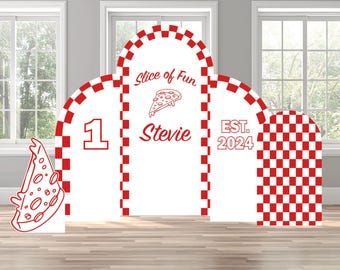 Pizza party a slice of fun red checkered themed arch backdrop photo wall sign decor display