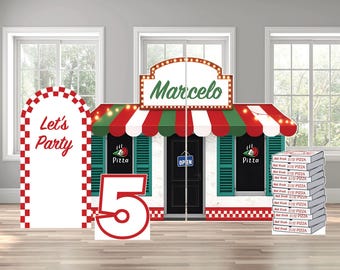 Pizza place restaurant Italian boxes checkered retro birthday themed arch backdrop photo wall sign decor display