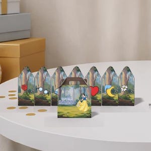 May include: A collection of small, gable-top favor boxes featuring a forest scene with Snow White and the Seven Dwarfs. The boxes display various icons like a heart, glasses, moon, and flower, along with text labels for each of the seven dwarfs.