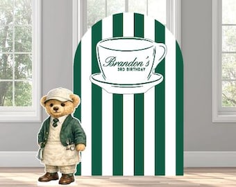 Vintage preppy teddy bear coffee shop green stripe birthday bridal baby shower themed arch backdrop photo wall sign decor display