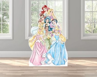 Watercolor princesses cinderella aurora Tiana belle rapunzel Ariel jasmine Snow White themed arch backdrop photo wall sign decor display