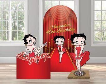 Iconic Betty Boop themed birthday celebration party arch backdrop photo wall sign decor display