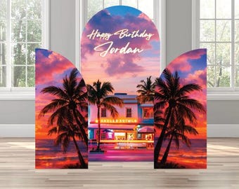 Miami Beach inspired Tropical neon art deco retro  beach vibe birthday bash vice themed party arch backdrop photo wall sign decor display