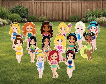 Summer beach pool princesses kids baby Disney cinderella rapunzel Ariel Elsa Anna Tiana moana props party yard sign decor decoration cut out