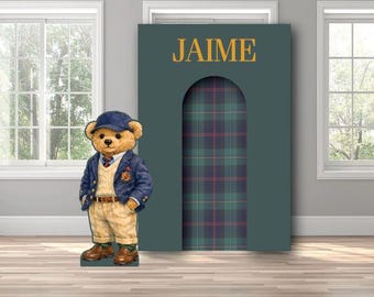 Classic preppy teddy bear vintage plaid personalized birthday baby shower bridal event themed arch backdrop photo wall sign decor display