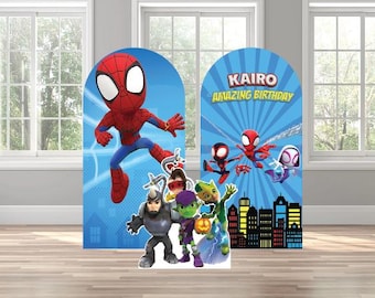 Spidey y sus increíbles amigos, araña fantasma, giro, duende verde, Doc Ock, rinoceronte, arco temático, fondo, foto, letrero de pared, decoración, exhibición