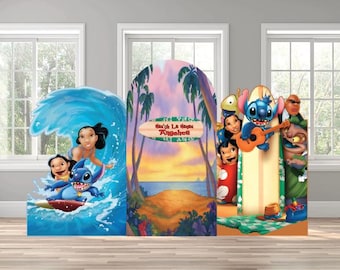 Lilo and Stitch cartoon movie version luau Hawaiian beach themed arch backdrop party photo wall sign decor display