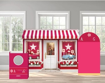 Fachada de tienda boutique de muñecas vintage clásica, arco decorativo personalizado para eventos de cumpleaños con temática de fiesta temática, letrero para pared de fotos.