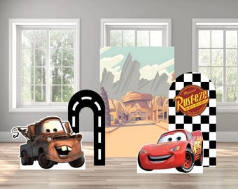 Cars movie radiator springs lightning McQueen tow mater race car themed arch backdrop photo wall sign decor display