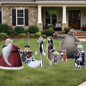 May include: A collection of flat, cutout yard decorations featuring characters from The Nightmare Before Christmas, including Santa Claus, Jack Skellington, Sally, Zero the ghost dog, Oogie Boogie, and other figures arranged on a green lawn.