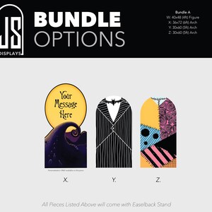 May include: Three decorative display boards labeled X, Y, and Z. Board X features a yellow moon with the text Your Message Here above a dark purple landscape. Board Y shows a black pinstripe suit with a bat bowtie. Board Z displays a patchwork pattern.