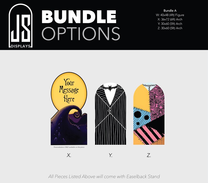 May include: Three decorative display boards labeled X, Y, and Z. Board X features a yellow moon with the text Your Message Here above a dark purple landscape. Board Y shows a black pinstripe suit with a bat bowtie. Board Z displays a patchwork pattern.