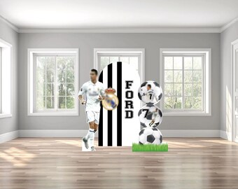 Black White Soccer lifesize player personalized name ball birthday event themed arch backdrop photo wall sign decor display