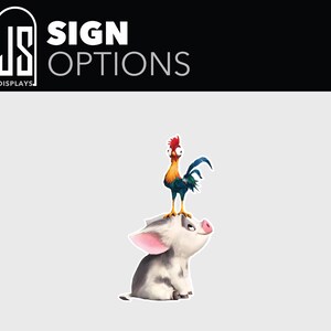 Puede incluir: Ilustraci&oacute;n de dibujos animados con un gallo posado sobre un cerdo. El gallo tiene plumas rojas, amarillas y azules. El cerdo es gris y blanco con orejas rosas y un hocico rosa. Incluye el texto "SIGN OPTIONS".