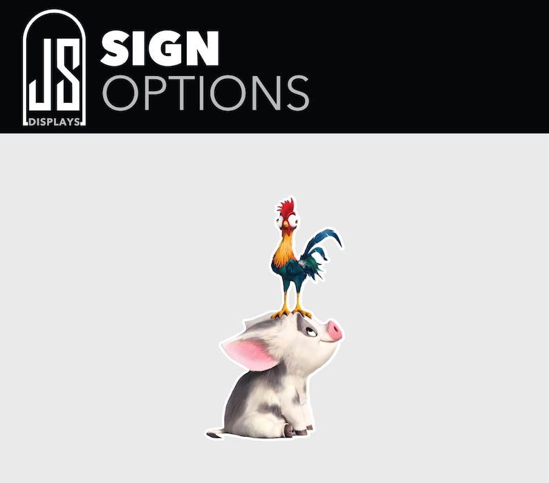 Puede incluir: Ilustraci&oacute;n de dibujos animados con un gallo posado sobre un cerdo. El gallo tiene plumas rojas, amarillas y azules. El cerdo es gris y blanco con orejas rosas y un hocico rosa. Incluye el texto "SIGN OPTIONS".