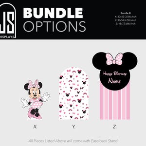 May include: Bundle options for a Minnie Mouse-themed party. Includes a Minnie Mouse cutout, an arch with a pattern of Minnie Mouse heads, bows, and hearts, and a Minnie Mouse head with a Happy Birthday message. The arch sizes are 30x42 inches, 30x54 inches, and 48x72 inches.