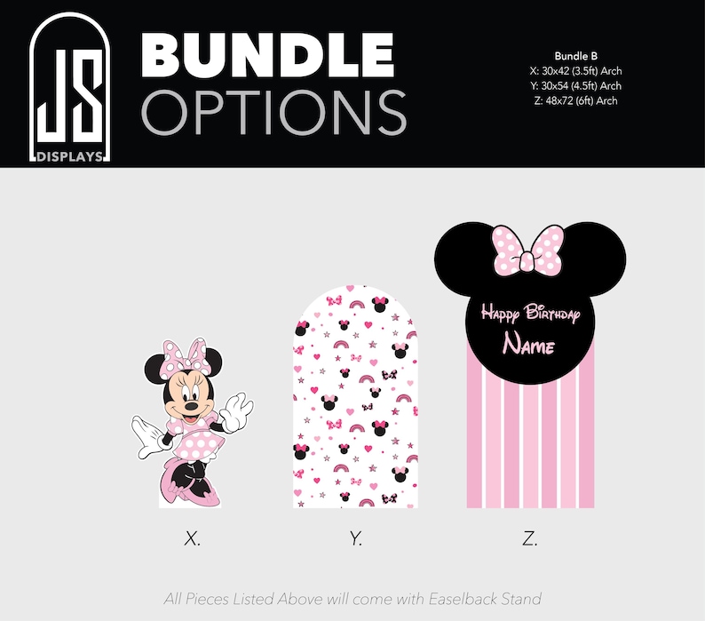 May include: Bundle options for a Minnie Mouse-themed party. Includes a Minnie Mouse cutout, an arch with a pattern of Minnie Mouse heads, bows, and hearts, and a Minnie Mouse head with a Happy Birthday message. The arch sizes are 30x42 inches, 30x54 inches, and 48x72 inches.