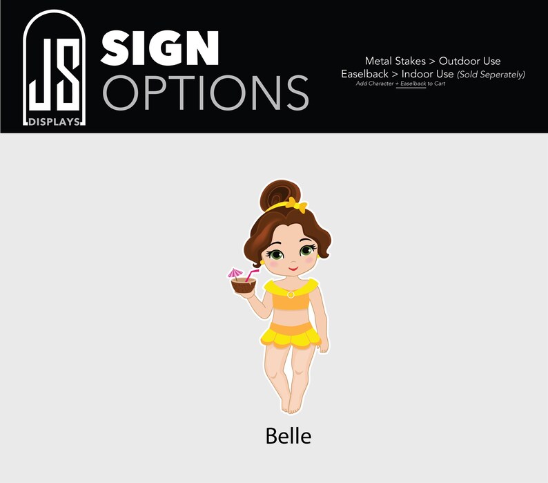 Puede incluir: Ilustraci&oacute;n de dibujos animados de Bella con un traje de ba&ntilde;o amarillo y naranja sosteniendo una bebida tropical con un paraguas rosa. La imagen incluye el texto "Belle" y "Sign Options".