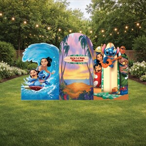 May include: Colorful cardboard cutouts featuring characters from a popular animated film. The cutouts depict characters surfing, playing the ukulele, and enjoying a tropical beach scene. The background includes a wave, palm trees, and a sunset.