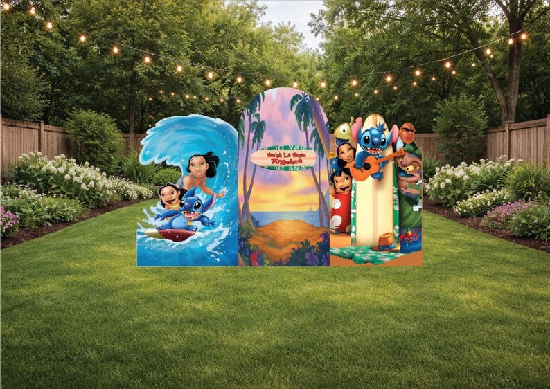 May include: Colorful cardboard cutouts featuring characters from a popular animated film. The cutouts depict characters surfing, playing the ukulele, and enjoying a tropical beach scene. The background includes a wave, palm trees, and a sunset.