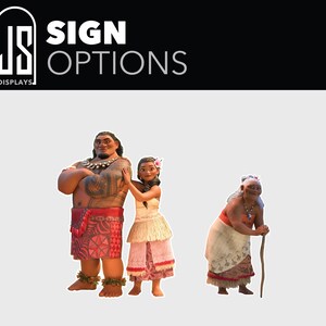 Puede incluir: Un logotipo en blanco y negro de JS Displays con las palabras "SIGN OPTIONS" sobre un grupo de tres personajes de dibujos animados. Las figuras son un hombre musculoso con tatuajes, una mujer joven y una anciana con un bast&oacute;n.