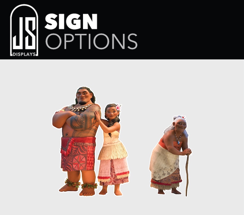 Puede incluir: Un logotipo en blanco y negro de JS Displays con las palabras "SIGN OPTIONS" sobre un grupo de tres personajes de dibujos animados. Las figuras son un hombre musculoso con tatuajes, una mujer joven y una anciana con un bast&oacute;n.