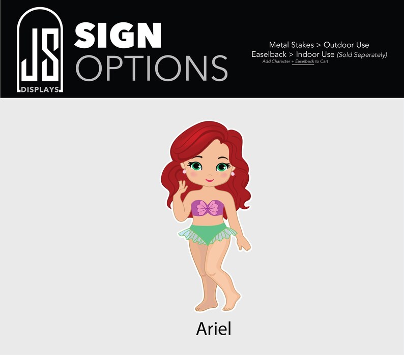 Puede incluir: Ilustraci&oacute;n de dibujos animados de Ariel, un personaje de sirena, con cabello rojo, ojos verdes y un top de concha p&uacute;rpura. Lleva una falda verde y est&aacute; sonriendo. El texto "Ariel" est&aacute; debajo de la imagen. El banner superior dice "SIGN OPTIONS".
