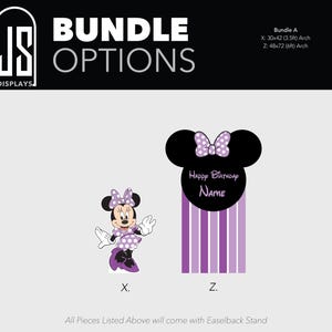 May include: Bundle options featuring Minnie Mouse designs. Includes a Minnie Mouse character illustration and a birthday-themed arch. The arch is black with a purple bow and vertical stripes. Text includes "Happy Birthday" and "Name".
