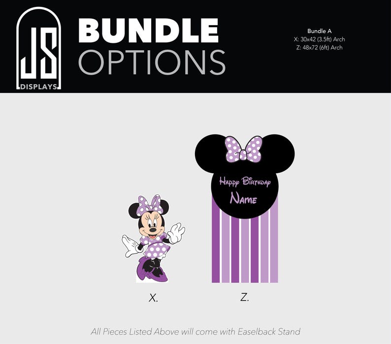 May include: Bundle options featuring Minnie Mouse designs. Includes a Minnie Mouse character illustration and a birthday-themed arch. The arch is black with a purple bow and vertical stripes. Text includes "Happy Birthday" and "Name".