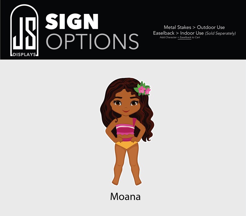 Puede incluir: Ilustraci&oacute;n de dibujos animados de Moana, un personaje con piel morena, cabello largo y oscuro y una flor en el cabello. Lleva un top rosa y blanco y una parte inferior amarilla. La imagen es para opciones de letreros, con texto en la parte superior.